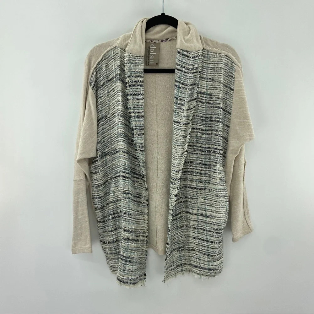 Anthropologie Dolan Twinkled Tweed Open Front Cardigan XS Cream Blue Metallic